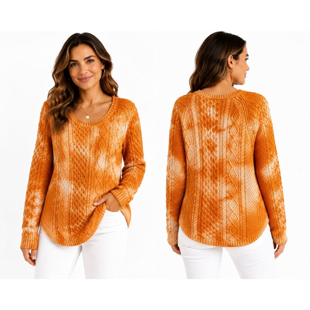 L.L.Bean Signature Women's M Chunky Cable Knit Fisherman Sweater Orange Old Mone